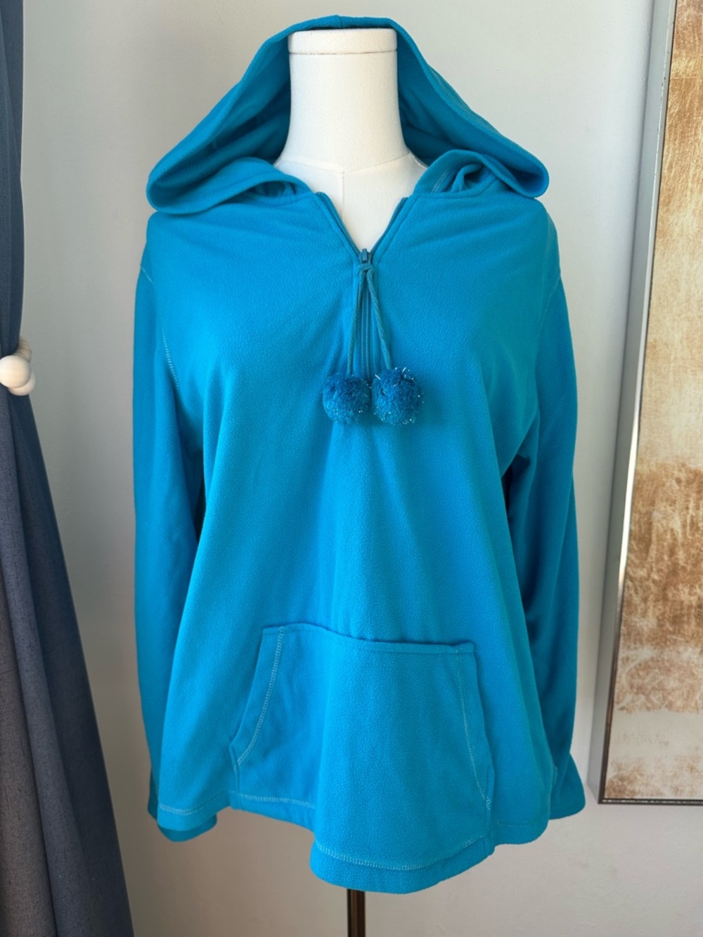 Joe Boxer Bright Teal Hooded Sweater Pom Pom Tie Cozy Winter